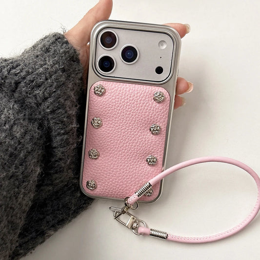 【ローズスタッズ】シルバーフレーム ピンク レザー風 ストラップ付き ケース｜iPhone対応 #240924