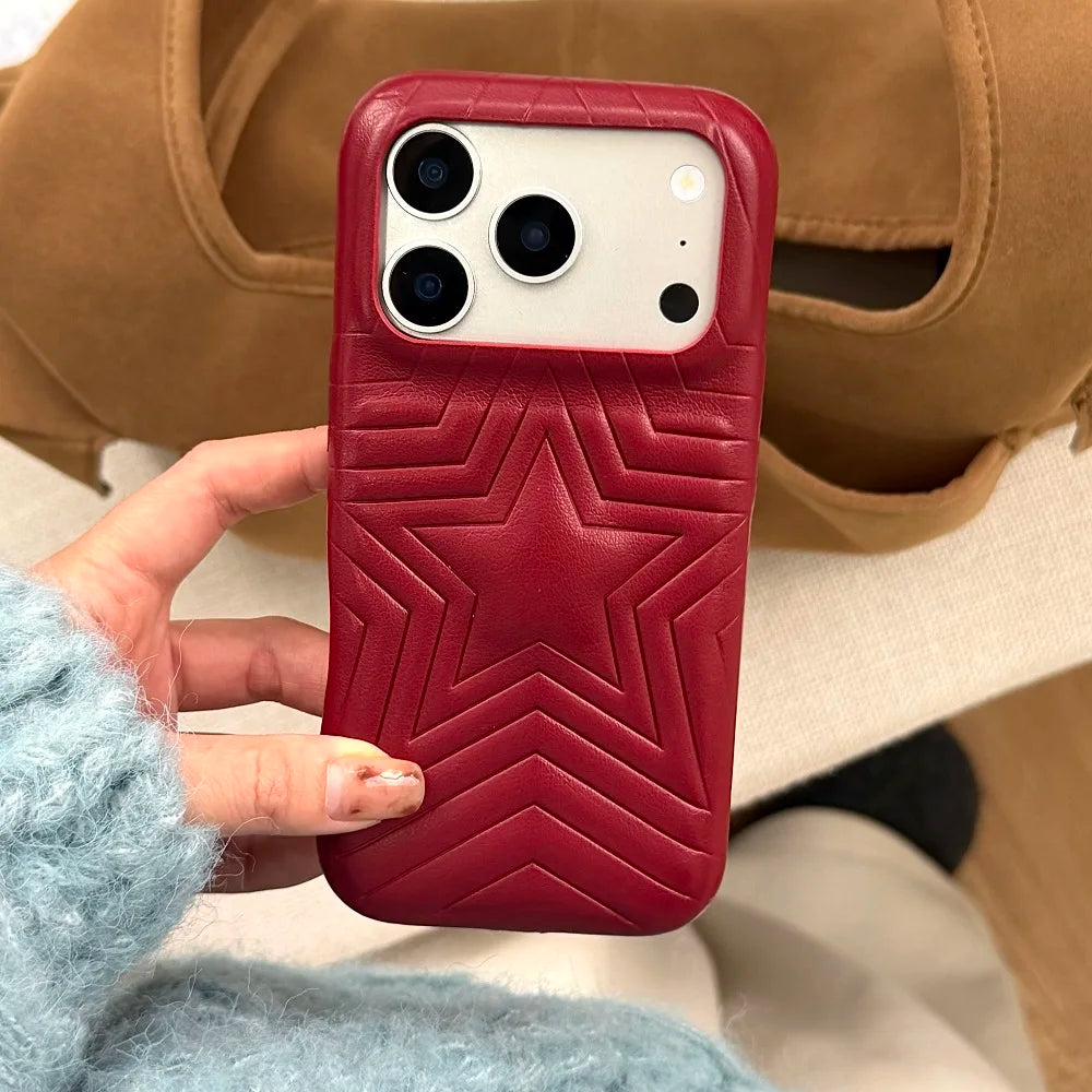 【スターエンボス】立体スター 星柄  型押しステッチ レザー調 スマホケース｜iPhone対応 #240615