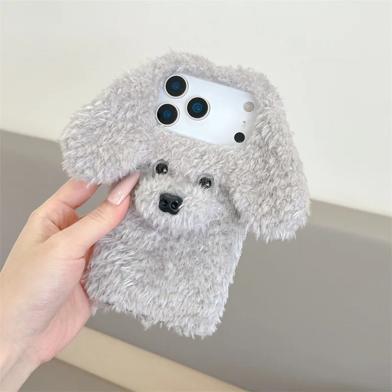 【もこもこプードルファー】耳付き 犬 Dog 3D立体デザイン スマホケース｜iPhone対応 🐶✨ #250103