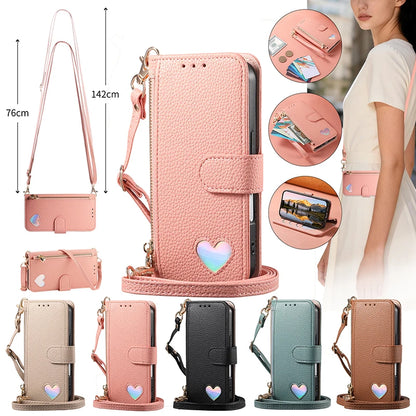 【ブックスタイル】ハートモチーフ レザー調 財布一体型 手帳タイプ iPhoneケース｜ショルダーストラップ付き #240205