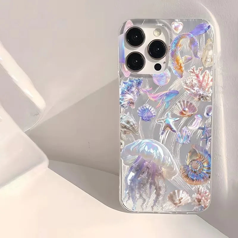 幻想的 オーロラカラー クラゲ 貝殻 ヒトデ ウミガメ 海の生き物  iPhoneケース｜マリン #260086
