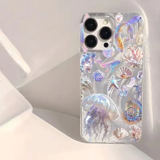 幻想的 オーロラカラー クラゲ 貝殻 ヒトデ ウミガメ 海の生き物  iPhoneケース｜マリン #260086