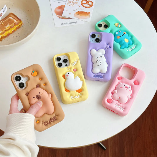 【アニマルシリーズ】立体デザイン うさぎ くま ブタ アヒル かわいいアニマル スマホケース｜iPhone対応 #250927