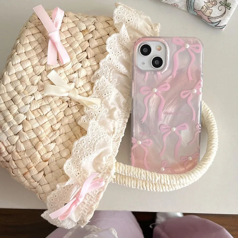 【パールピンクリボン】リボン×パールアクセント スマホケース｜iPhone対応 #250607