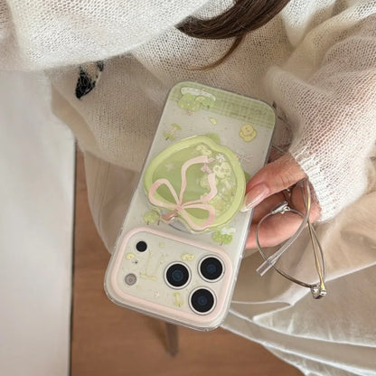 リボン グリーンアップル Magnet内蔵 りんごグリップ付き クリア iPhoneケース #231126