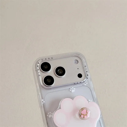 ホワイト 肉球 くるくる回る グリップ 足跡 iPhoneケース #231001