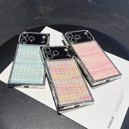 【スクエアシリーズ】ツイードジュエル ラインストーン 高級感 ツイード調 スマホケース｜iPhone対応 #250302