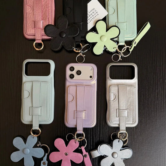 カード収納付き 落下防止 ハンドベルト フラワーチャーム レザー調 iPhoneケース #260622