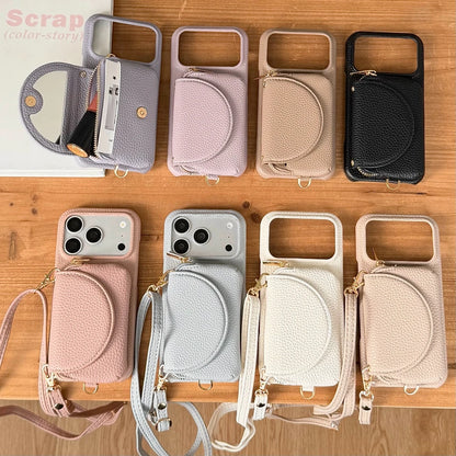 ミラー カード収納付き レザー調 iPhoneケース｜ショルダー対応 #231123