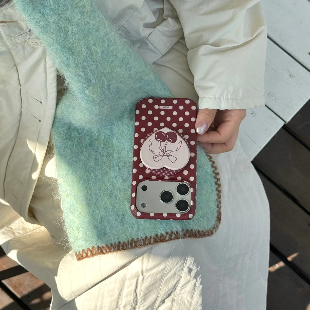 チェリーハート グリップ付き ドット 水玉 デザイン iPhoneケース #240513