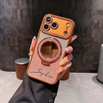 【カスタムシリーズ】名入れ リングスタンド ミラー付き iPhoneケース｜ラメグラデ #260216