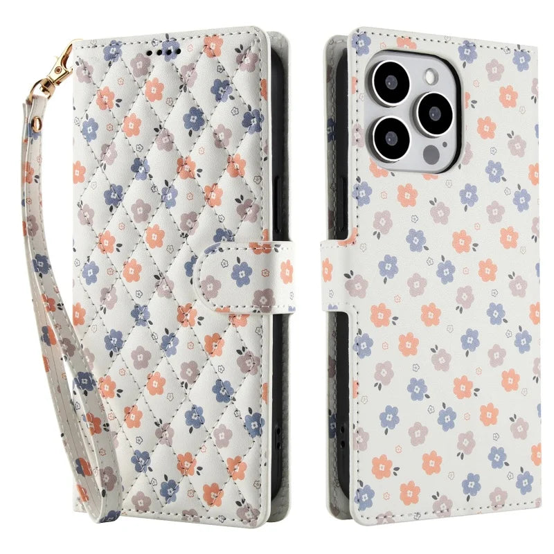 【ブックスタイル】花柄 フラワーキルティング ストラップ付き 手帳型 iPhoneケース｜カード収納 ショルダー対応 #240110