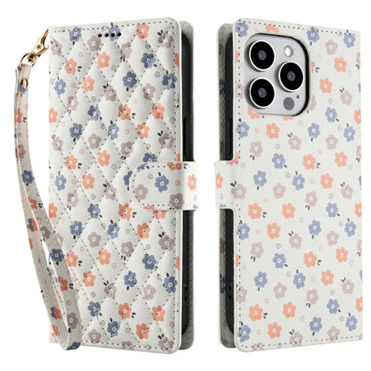 【ブックスタイル】花柄 フラワーキルティング ストラップ付き 手帳型 iPhoneケース｜カード収納 ショルダー対応 #240110
