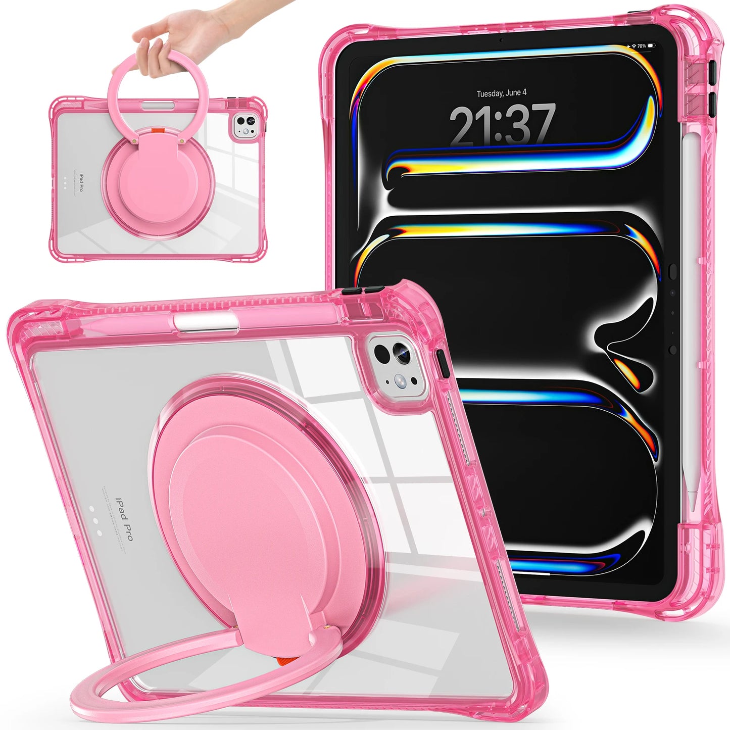 【iPadケース】回転式リングスタンド＆持ち手フック付き カラーフレームケース 全5色 ポップ・機能的・スポーティー #261125