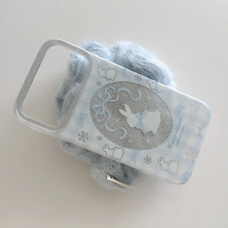 ラビットレース グリッターiPhoneケース｜うさぎモチーフ・キラキラフレーム・ファーチャーム付き #240501