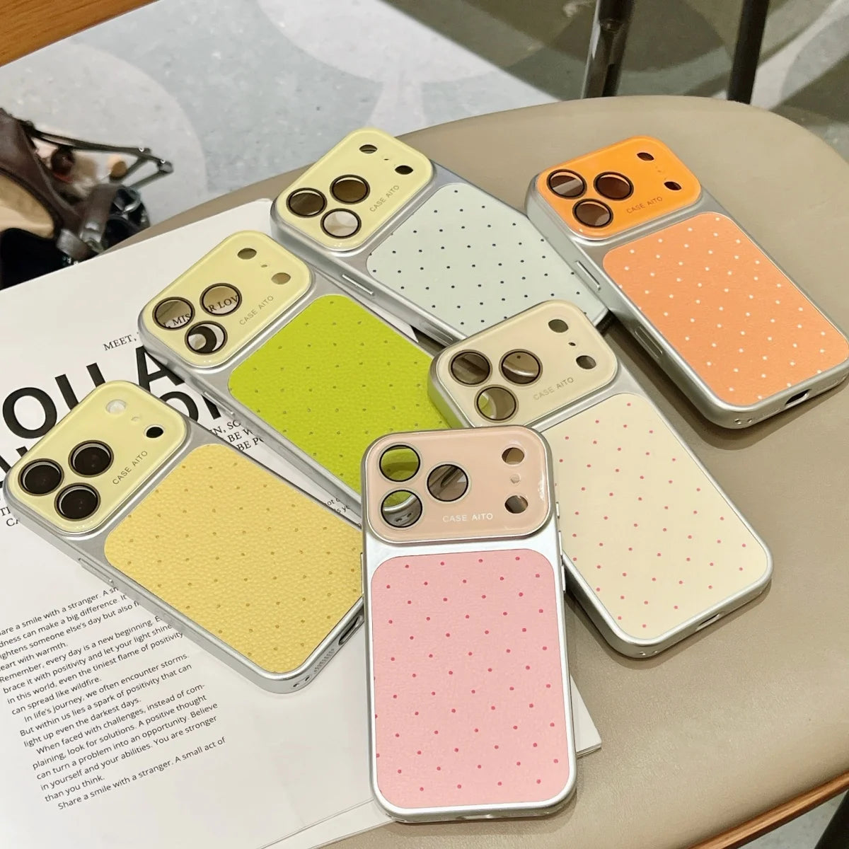 ドット柄 レザー調 メッキフレーム iPhoneケース｜淡色・大人かわいい #260050