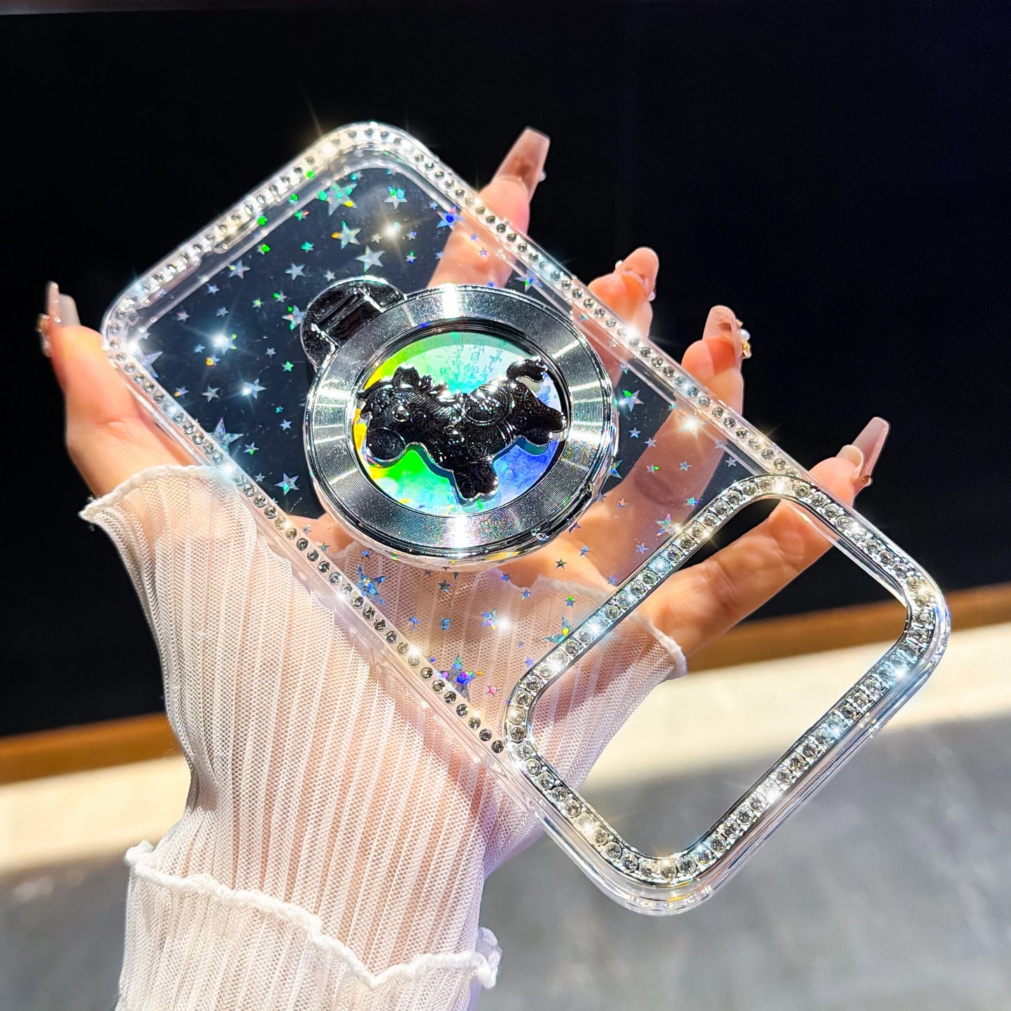 くるくる回る ユニコーン 馬 リングスタンド付き ホログラムラメ iPhoneケース #240511