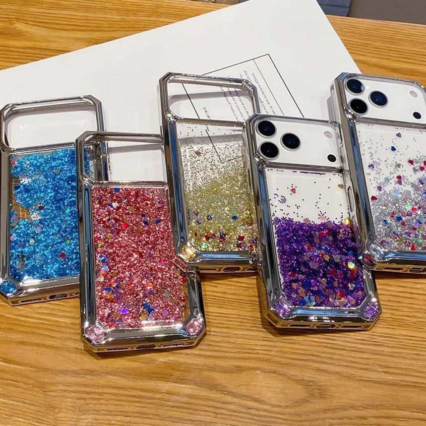 【流れるシリーズ】グリッタージュエル リキッド スパークル スマホケース｜キラキラハート入りデザイン｜iPhone対応 #241124