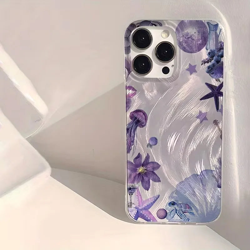 幻想的 オーロラカラー クラゲ 貝殻 ヒトデ ウミガメ 海の生き物  iPhoneケース｜マリン #260086
