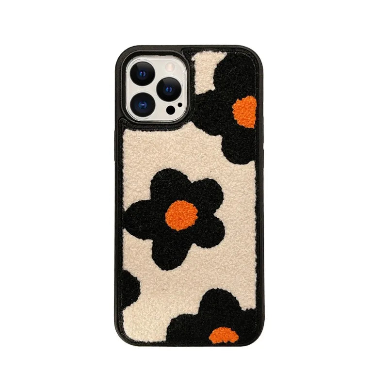 【もこもこレトロパターン】刺繍風パイル×アート柄 スマホケース｜iPhone対応 #250616