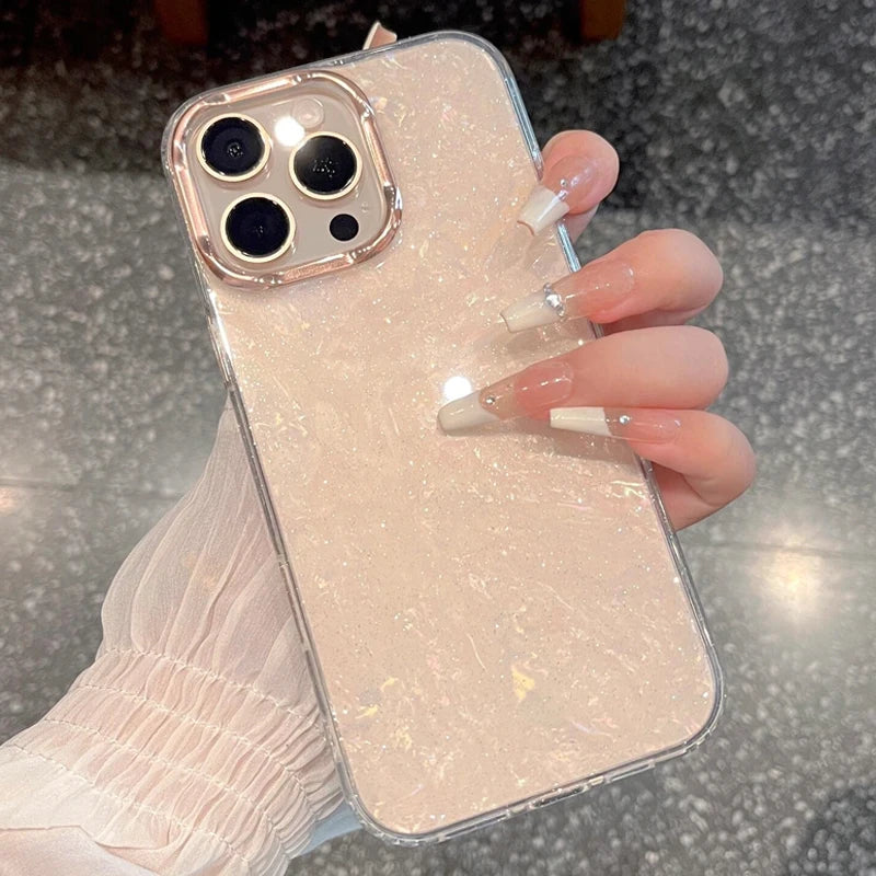 【大理石風】上品パール調 ホワイトシェル クリア iPhoneケース 高級感 キラキラ おしゃれ 耐衝撃｜iPhone対応 #250405