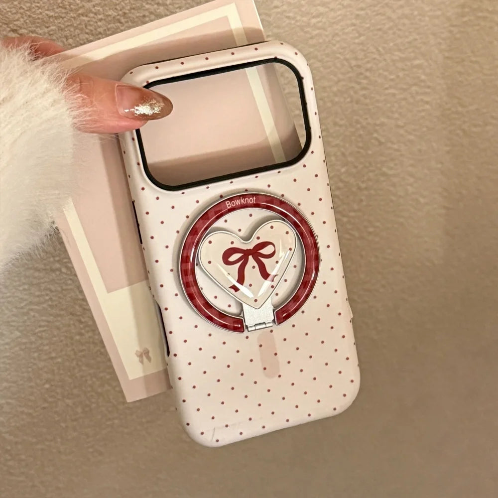 【マグネット式折りたたみハートスタンド付き】レッド プチドット柄 リボンハート スマホケース｜iPhone対応 #240701