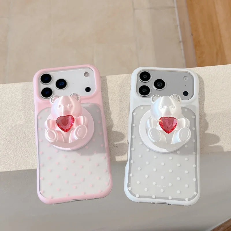 立体ビジューベア ドット柄グリップ付きiPhoneケース｜ガーリー・韓国風・くま #261051