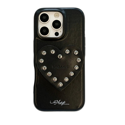 【スタッズハートスタンド】レザー デニム ハート×シルバースタッズ スマホケース｜iPhone対応 #250327