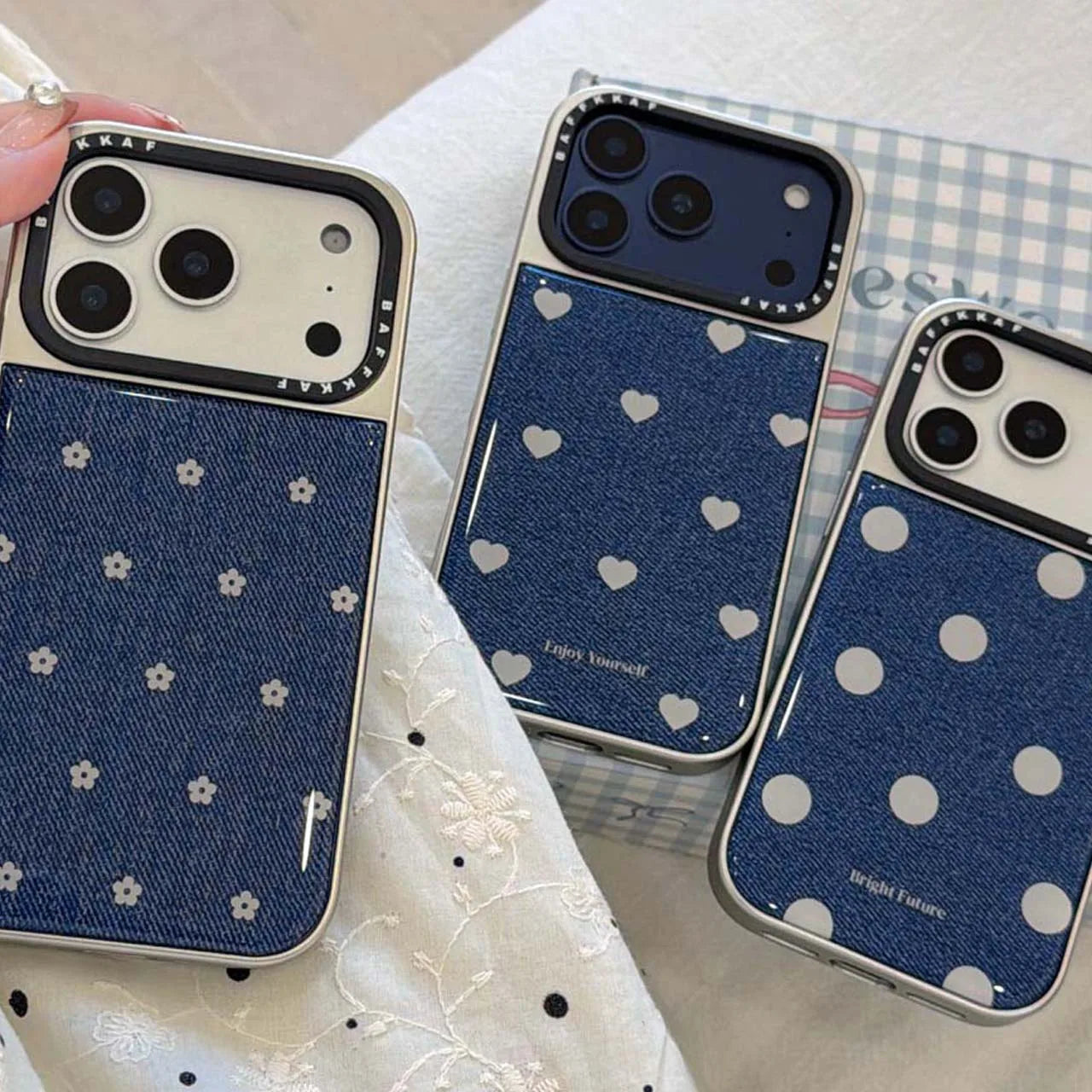 【プチドット ハート】デニム柄 ハート水玉 花柄 フラワー スマホケース｜iPhone対応 #250108