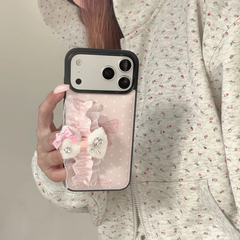 【リボンフリルシリーズ】ドット×フリルリボンデザイン iPhoneケース #240527