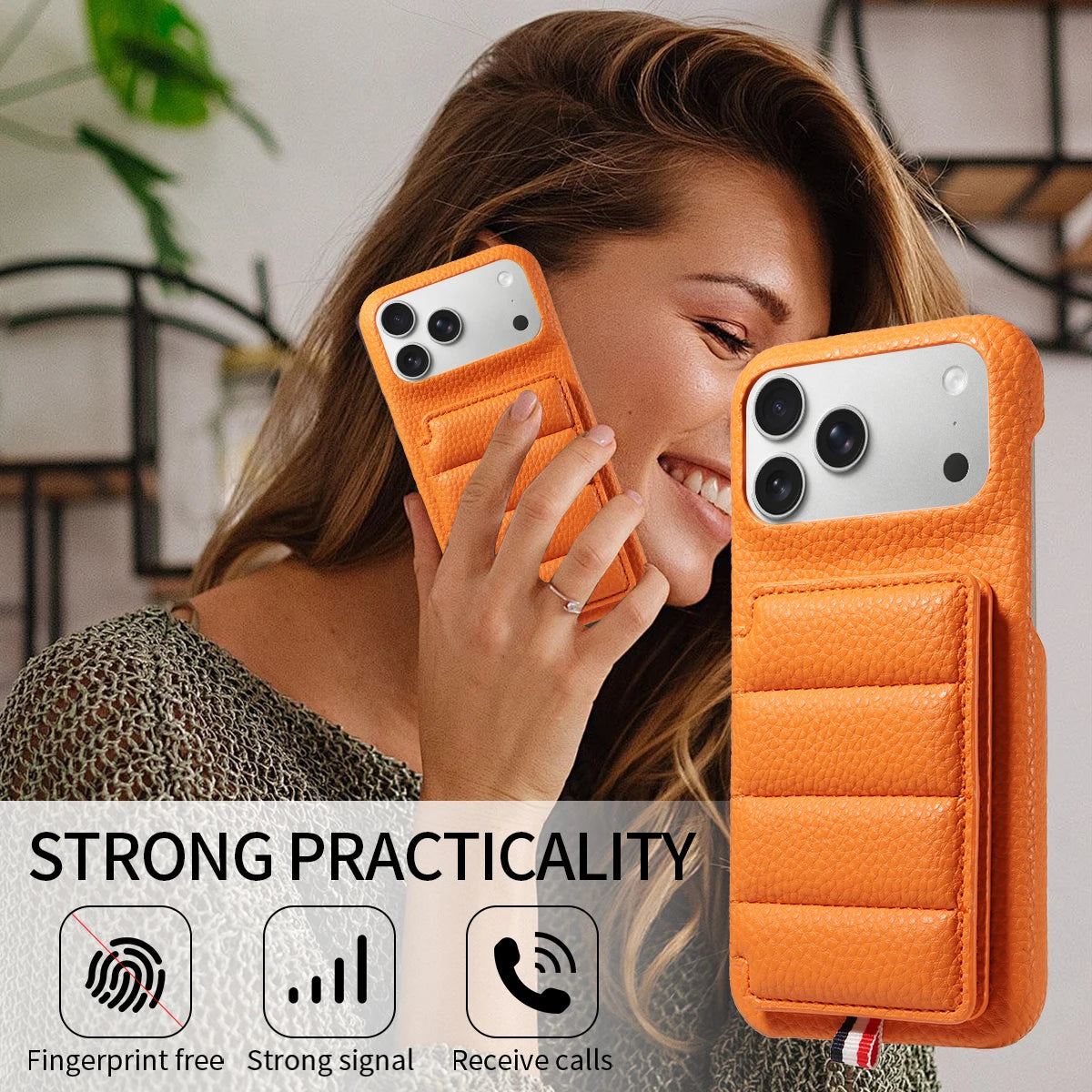 カード収納付き iPhoneケース｜キルティング レザー風デザイン・ロングストラップ付き #240528
