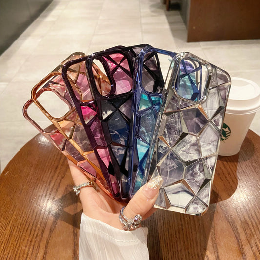 【ジェムカットアート】立体ジオメトリック × マーブルパネルデザイン スマホケース｜iPhone対応 #250603