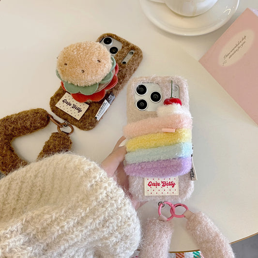 【スイーツモチーフシリーズ】レインボーケーキ ＆ ハンバーガー スマホケース｜ふわもこ立体デザイン × ハンドストラップ付き｜iPhone対応 #241201