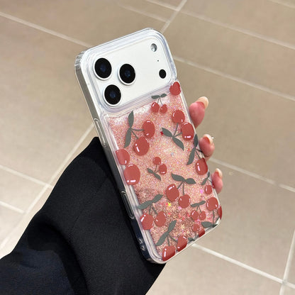 チェリー柄 リキッドグリッター パールストラップ付き クリア iPhoneケース キュート・ガーリー・韓国風 #261119