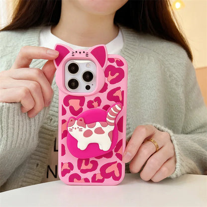 【アニマルシリーズ】レオパード柄＆立体ネコデザイン スマホケース｜iPhone対応 #250930