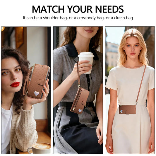 【ブックスタイル】ハートモチーフ レザー調 財布一体型 手帳タイプ iPhoneケース｜ショルダーストラップ付き #240205