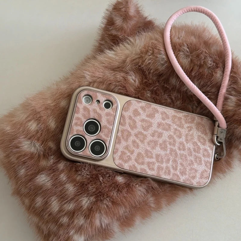 【アニマルムード】ピンク ブラウン レオパード ヒョウ柄 ストラップ付き スマホケース｜iPhone対応 #240710