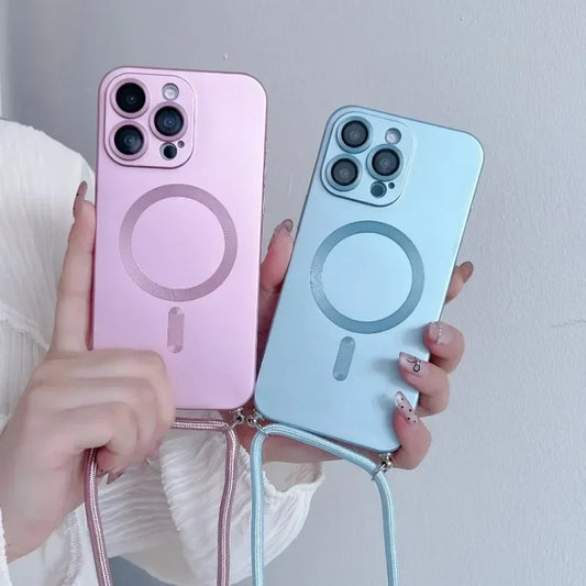 【ワイヤレス充電対応シリーズ】マットメタル ストラップ付きシンプルデザイン スマホケース｜iPhone対応 #251106