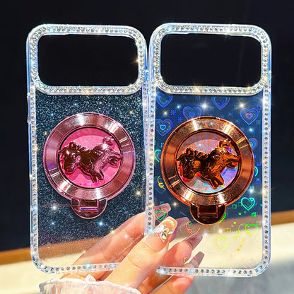 くるくる回る ユニコーン 馬 リングスタンド付き ホログラムラメ iPhoneケース #240511