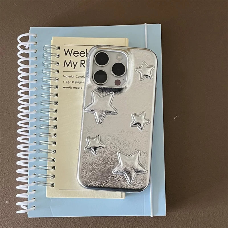 【スターシルバー】メタリック 星柄 × デニムスマホケース｜iPhone対応 #250129