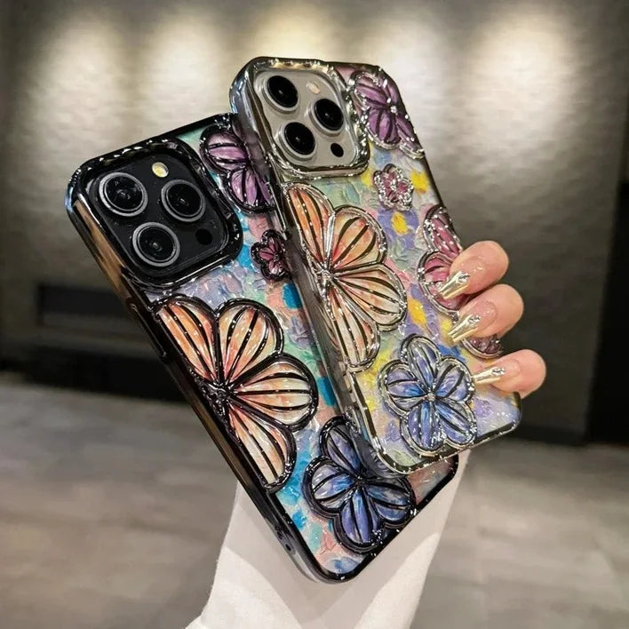 【クリスタルフラワー】立体エンボス フラワーデザイン スマホケース｜iPhone対応