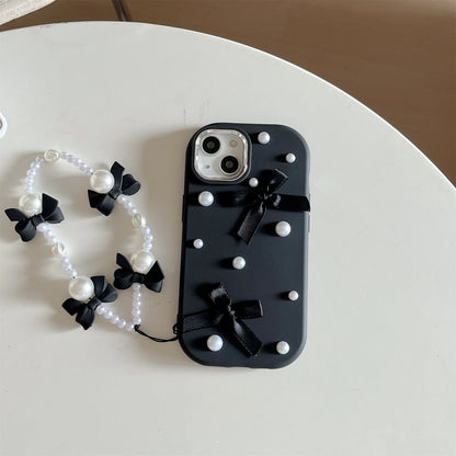 【パールリボン】立体リボン＆パール ストラップ付き デコスマホケース｜iPhone対応 #250727