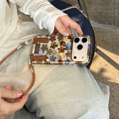 【フラワーパールスタンド】マーブル調×花柄 レザーチャーム付き スマホケース｜iPhone対応 #250312