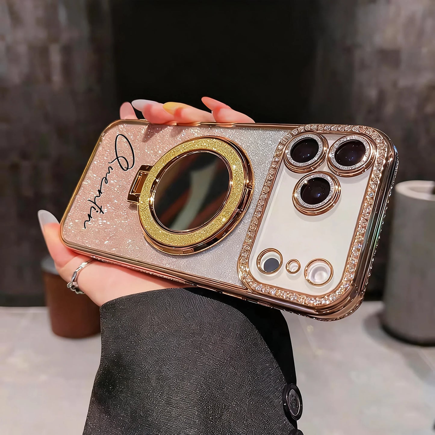 【カスタムシリーズ】名入れ リングスタンド ミラー付き iPhoneケース｜ラメグラデ #260216