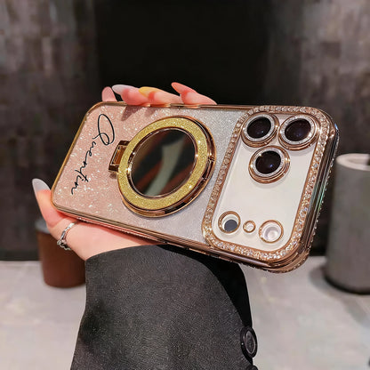 【カスタムシリーズ】名入れ リングスタンド ミラー付き iPhoneケース｜ラメグラデ #260216