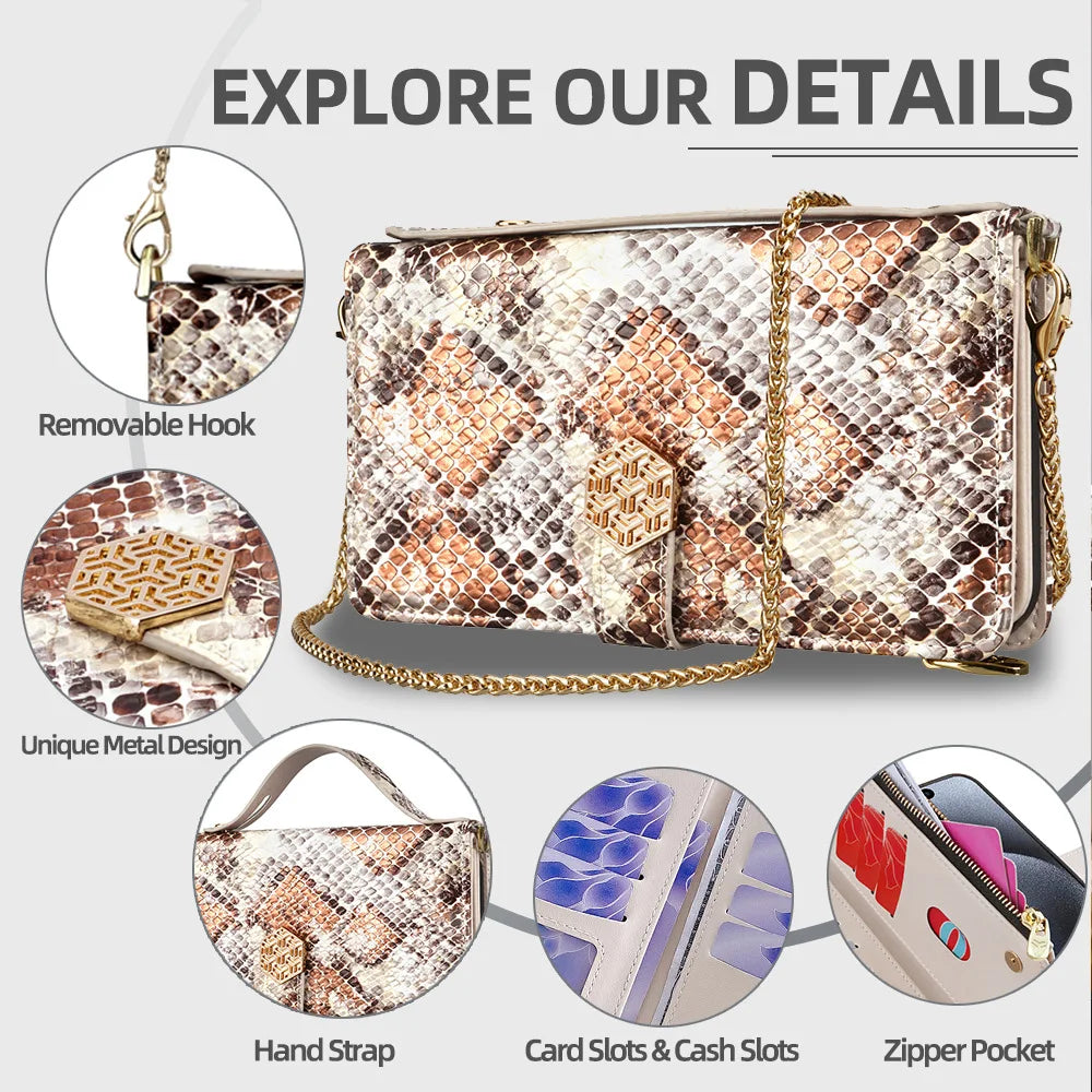 【ブックスタイル】パイソン調 レザー型押し 手帳型 iPhoneケース｜財布一体型・チェーンストラップ付き #240129