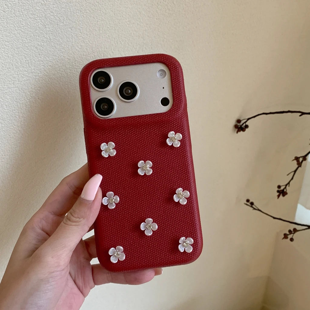 フラワー チェリーモチーフ iPhoneケース｜ビジュー装飾・布調デザイン #240530