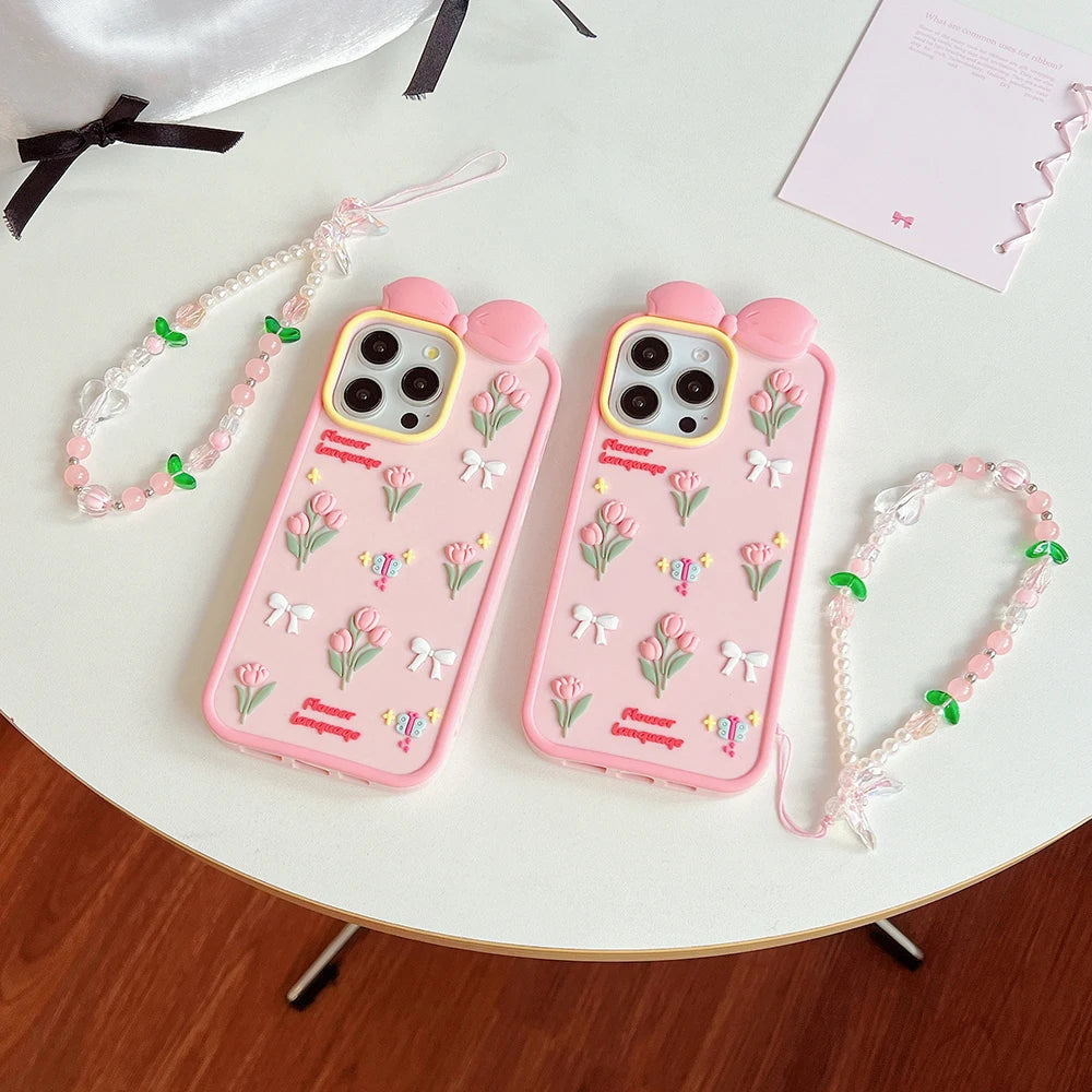 【フラワーリボンシリーズ】立体チューリップ＆蝶々モチーフ スマホケース｜iPhone対応 #250820