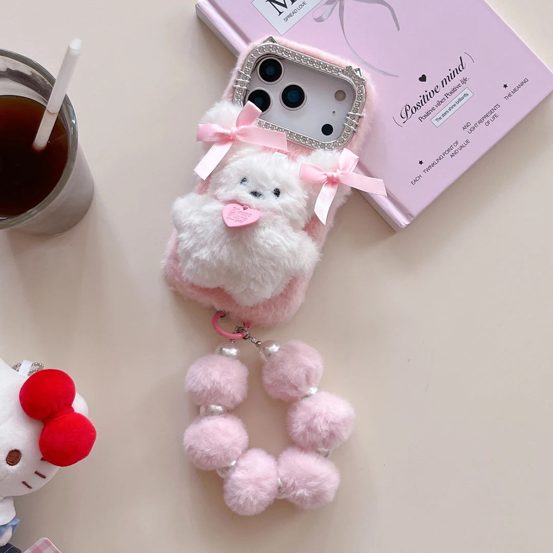 【ふわもこアニマルシリーズ】リボンベア スマホケース｜もこもこ素材 × ポンポンストラップ付き｜iPhone対応 #241205