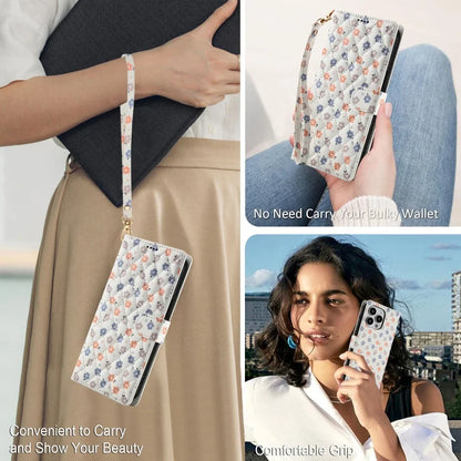 【ブックスタイル】花柄 フラワーキルティング ストラップ付き 手帳型 iPhoneケース｜カード収納 ショルダー対応 #240110